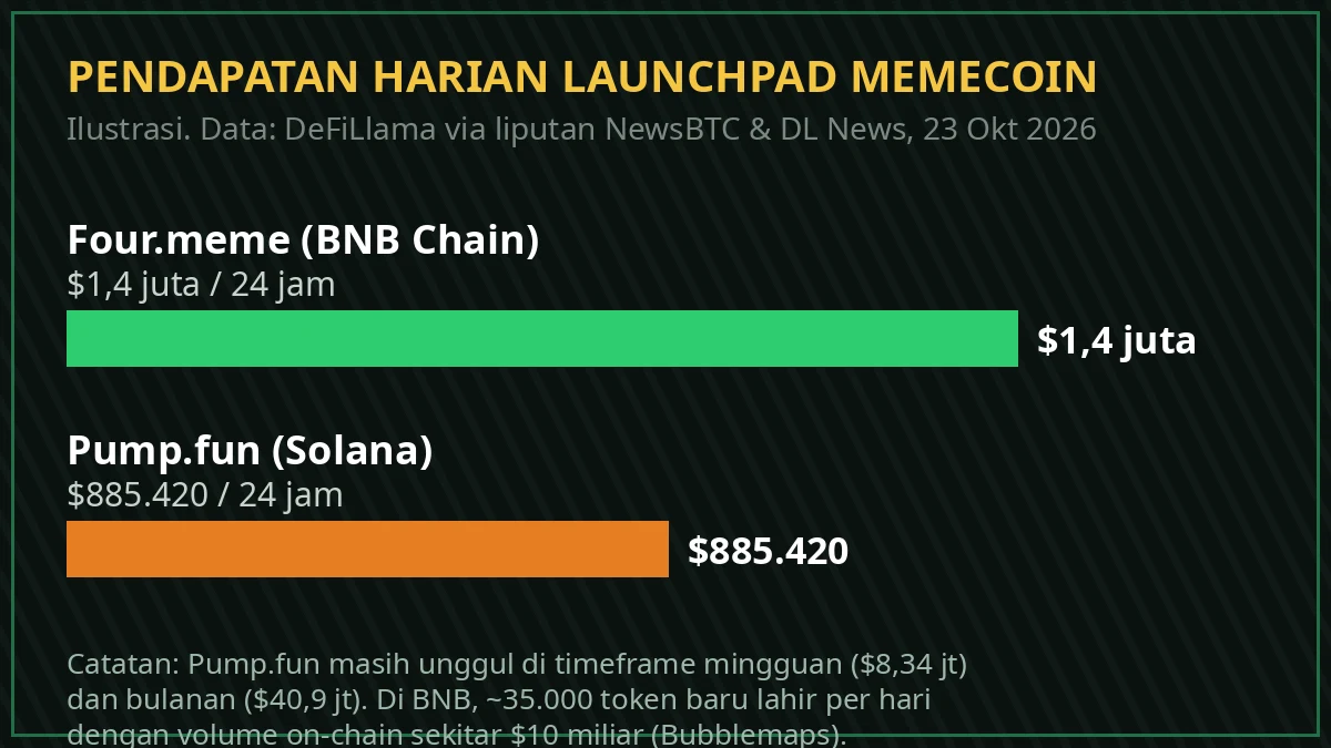 Infografik perbandingan pendapatan harian Four.Meme sekitar $1,4 juta vs Pump.fun $885.420