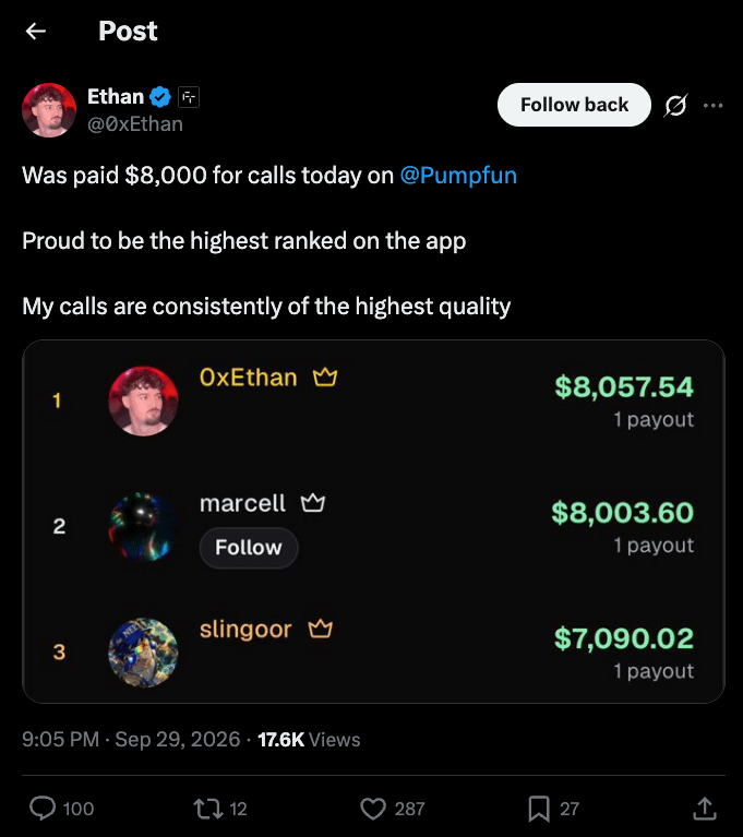 Leaderboard payout pump.fun