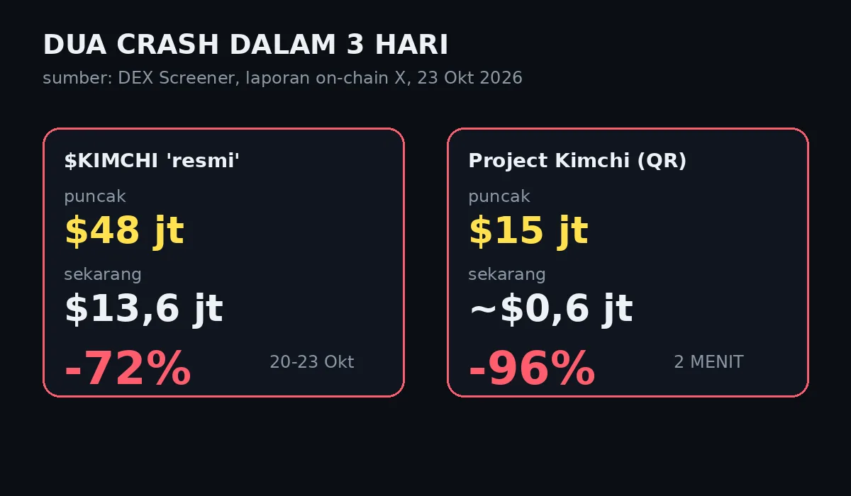 Perbandingan dua crash: KIMCHI resmi turun 72 persen, Project Kimchi anjlok 96 persen dalam 2 menit