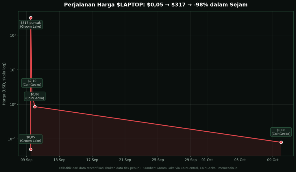 Chart harga $LAPTOP: $0,05 ke $317 lalu -98% dalam sejam (data terverifikasi Groom Lake & CoinGecko)