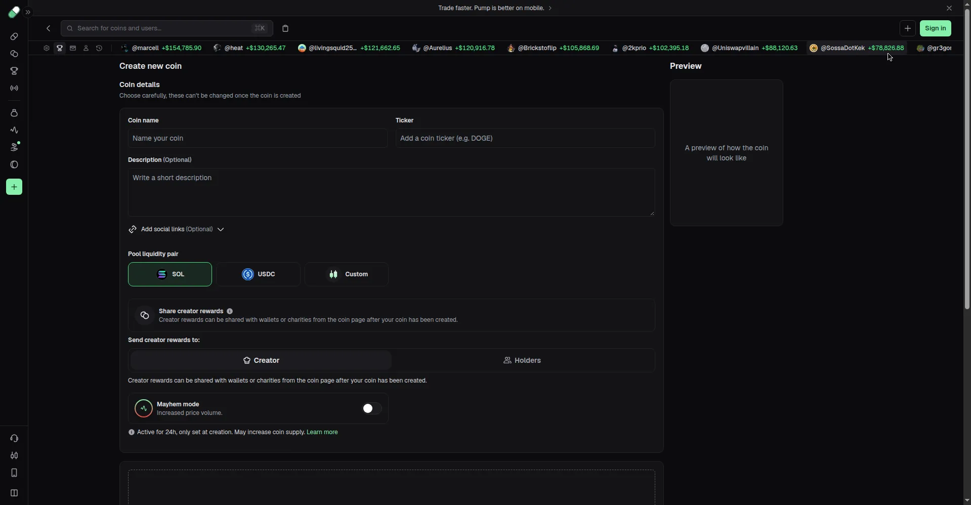Formulir pembuatan token di pump.fun