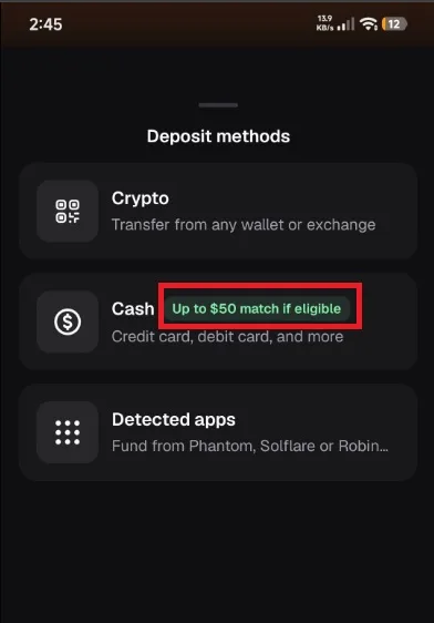 Menu deposit aplikasi pump.fun: opsi Cash bertuliskan Up to $50 match if eligible