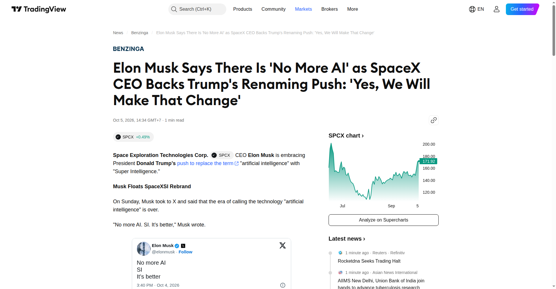 Tangkapan layar artikel TradingView/Benzinga tentang cuitan Elon Musk