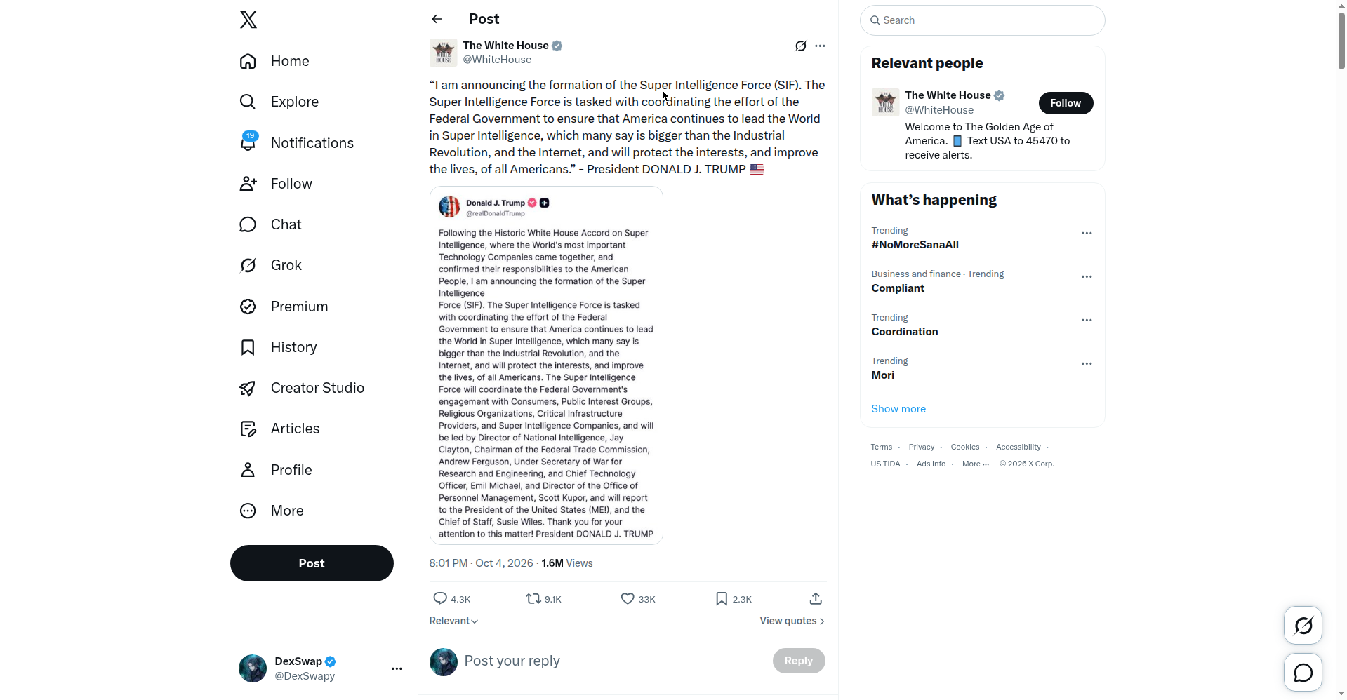 Tangkapan layar postingan resmi @WhiteHouse di X, 4 Oktober 2026, tentang pembentukan Super Intelligence Force